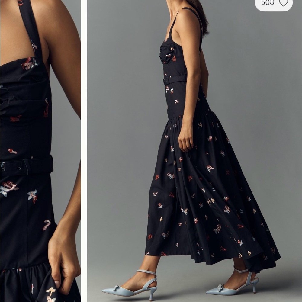 NWT En Saison Belted Drop Waist Black Midi Dress with playful heel pattern - Picture 4 of 12